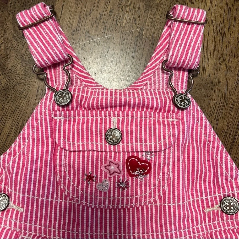 OshKosh B’gosh Pink Striped Baby Overall Dress Embroidered Hearts 9-12 Months
